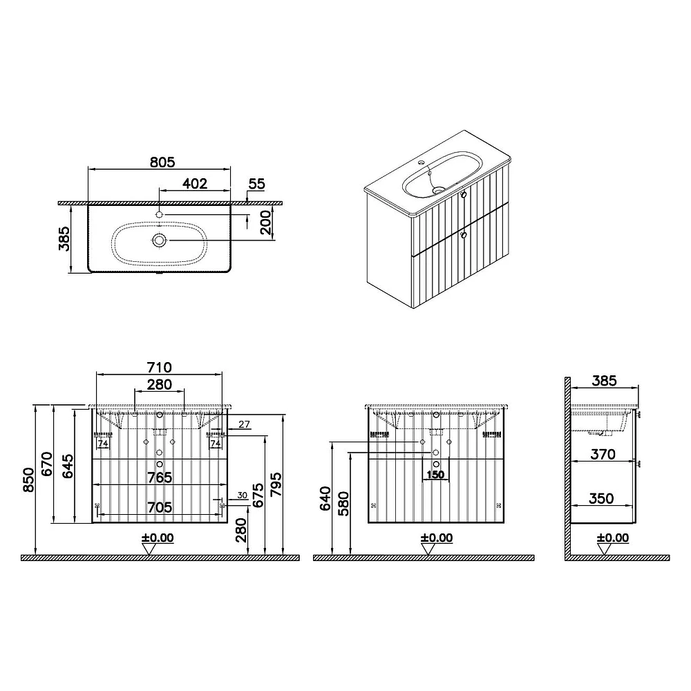 Vitra Root Groove 80 Cm Mat Gri İki Çekmeceli Dar Yuvarlak Lavabolu Lavabo Dolabı 2