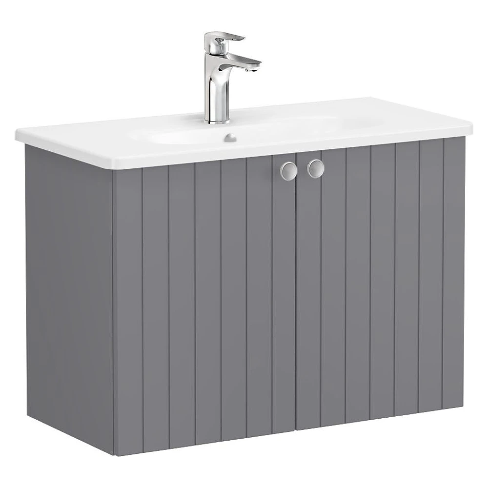 Vitra Root Groove 80 Cm Mat Gri İki Kapaklı Dar Yuvarlak Lavabolu Lavabo Dolabı