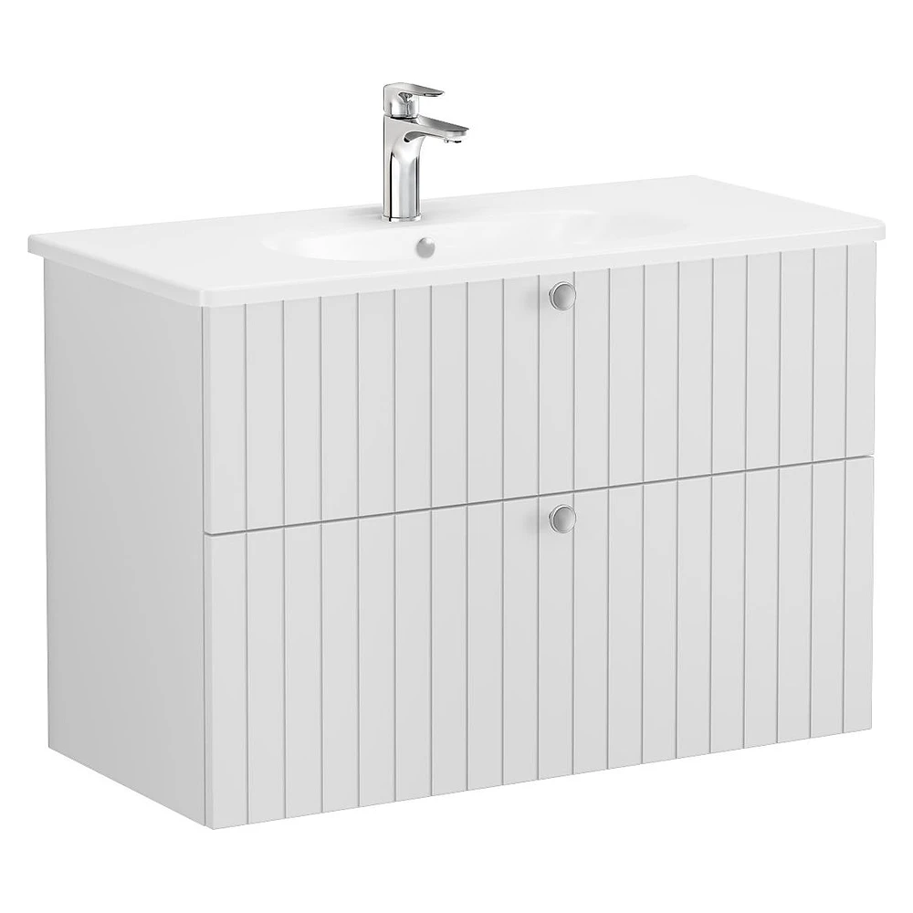 Vitra Root Groove 100 Cm Mat Açık Gri İki Çekmeceli Yuvarlak Lavabolu Lavabo Dolabı