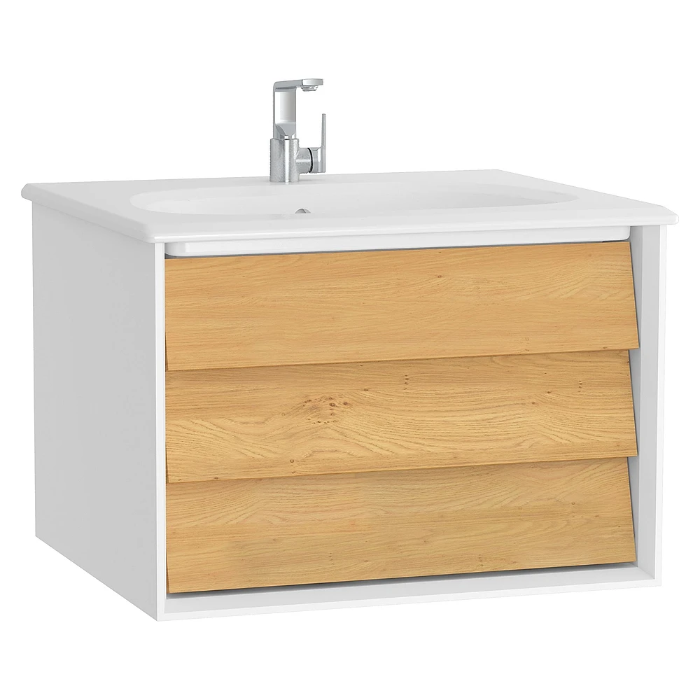 Vitra Frame 60 Cm Mat Soft Beyaz & Dore Meşe Tek Çekmeceli Etajerli Lavabolu Lavabo Dolabı