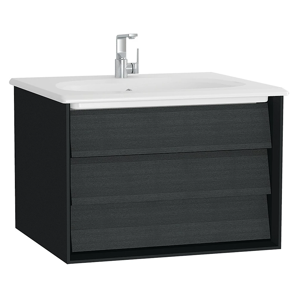Vitra Frame 60 Cm Mat Soft Siyah & Hareli Siyah Meşe Tek Çekmeceli Etajerli Lavabolu Lavabo Dolabı