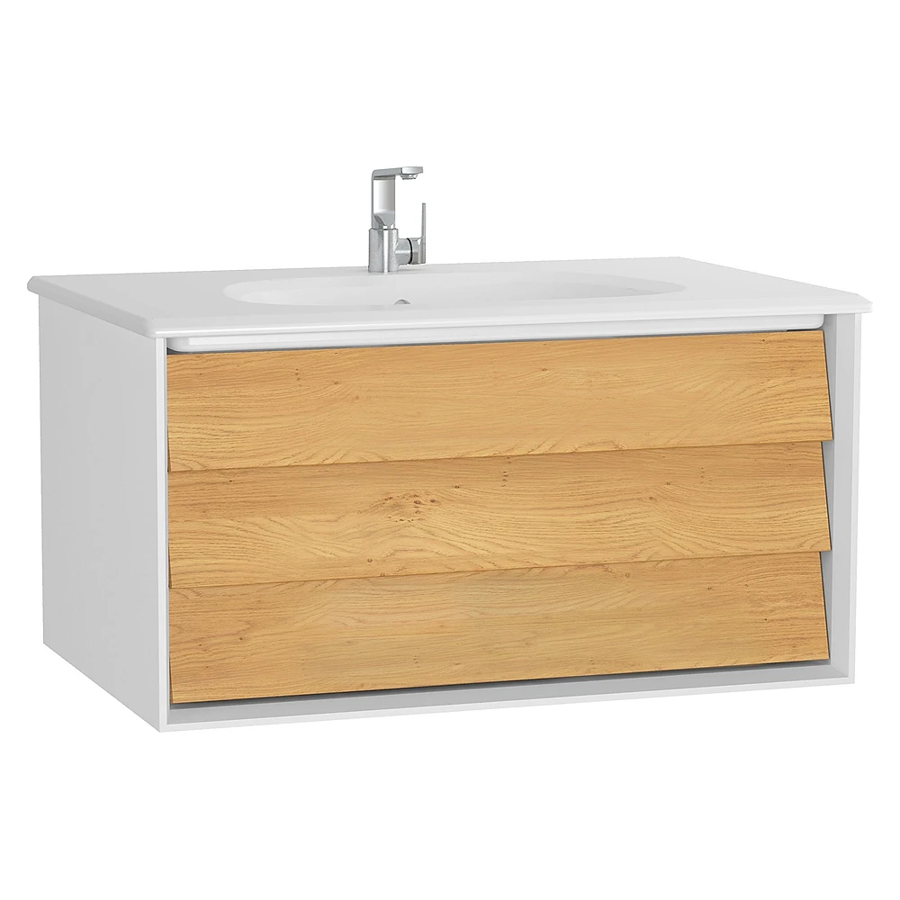 Vitra Frame 80 Cm Mat Soft Beyaz & Dore Meşe Tek Çekmeceli Etajerli Lavabolu Lavabo Dolabı