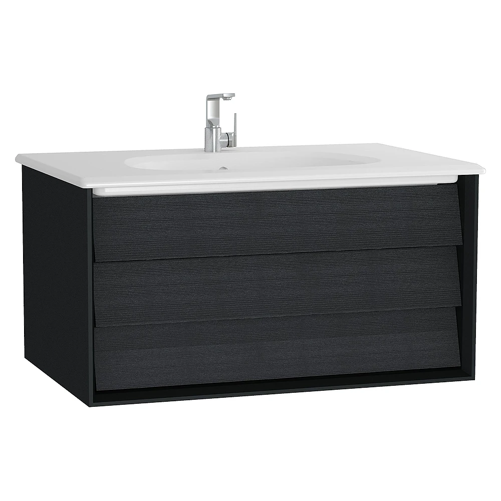 Vitra Frame 80 Cm Mat Soft Siyah & Hareli Siyah Meşe Tek Çekmeceli Etajerli Lavabolu Lavabo Dolabı