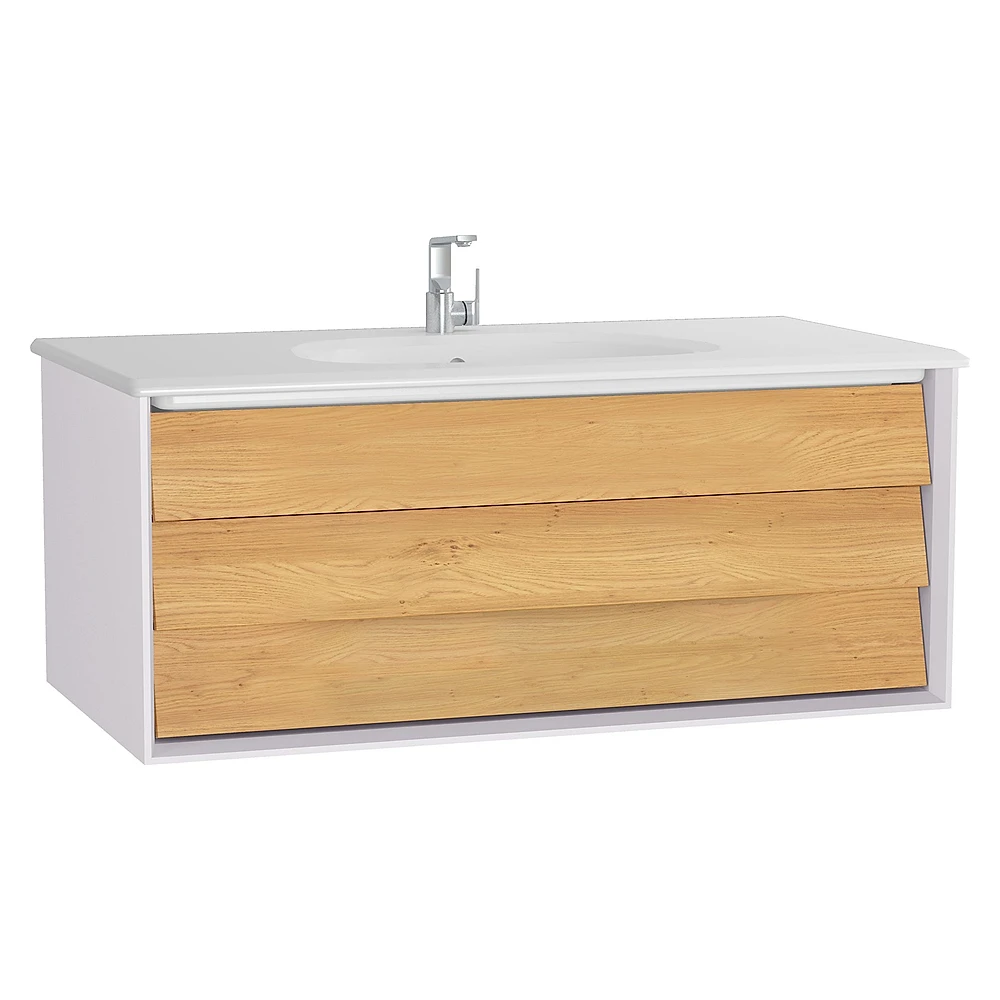 Vitra Frame 100 Cm Mat Soft Beyaz & Dore Meşe Tek Çekmeceli Etajerli Lavabolu Lavabo Dolabı