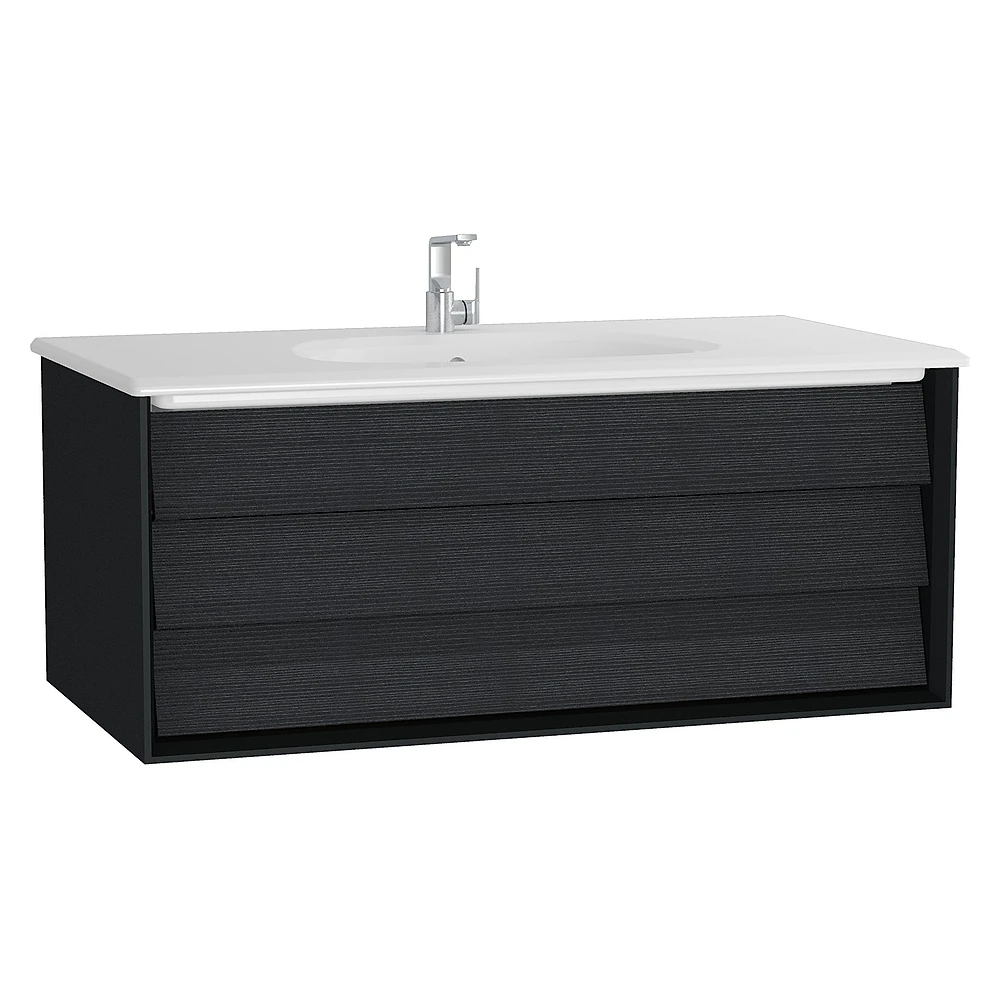 Vitra Frame 100 Cm Mat Soft Siyah & Hareli Siyah Meşe Tek Çekmeceli Etajerli Lavabolu Lavabo Dolabı