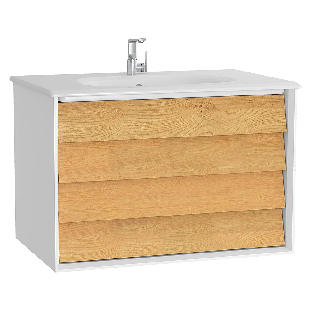 Vitra Frame 80 Cm Mat Soft Beyaz & Dore Meşe İki Çekmeceli Etajerli Lavabolu Lavabo Dolabı