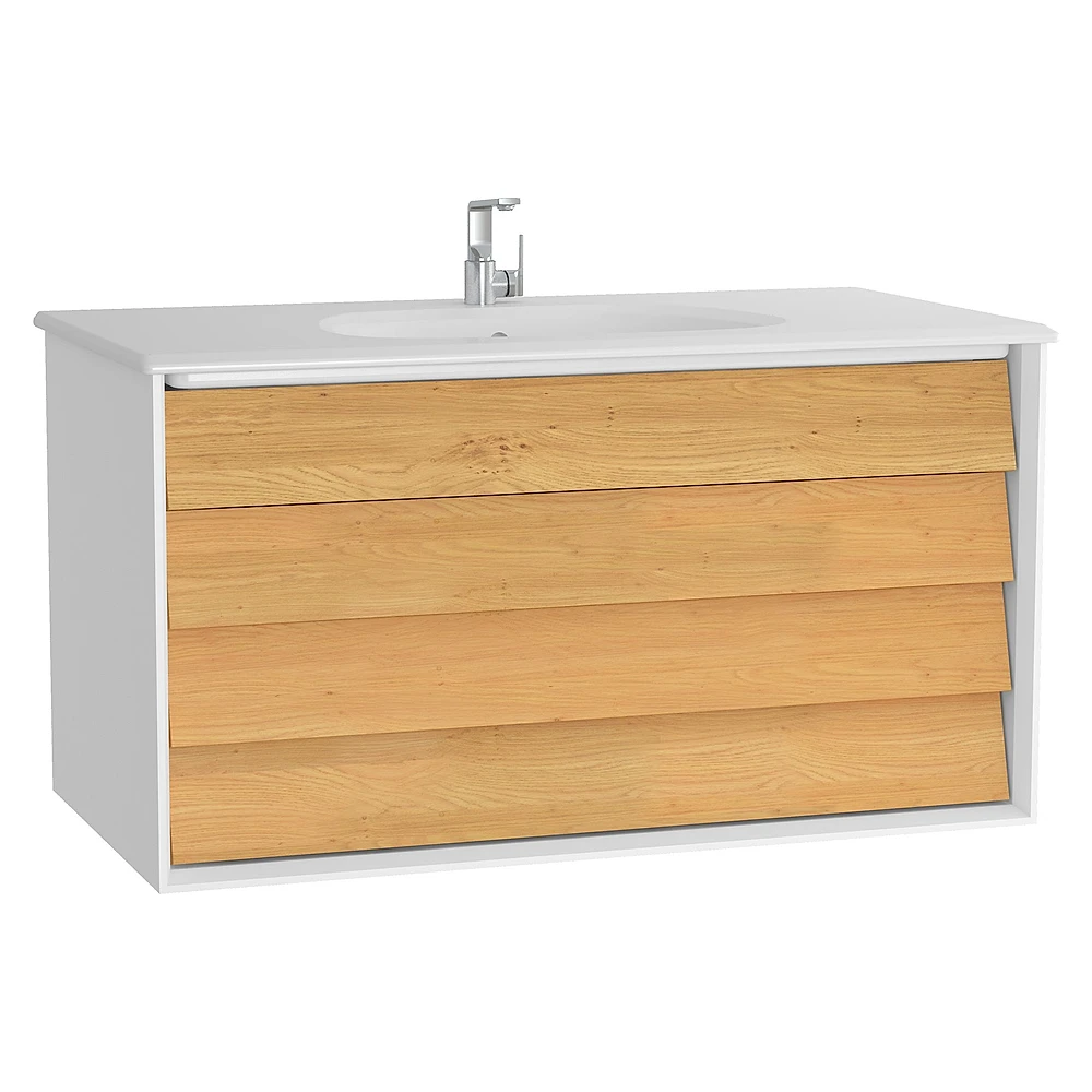 Vitra Frame 100 Cm Mat Soft Beyaz & Dore Meşe İki Çekmeceli Etajerli Lavabolu Lavabo Dolabı