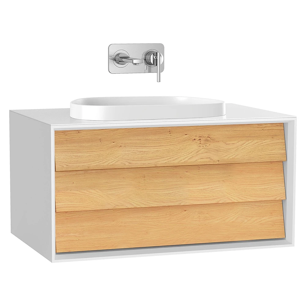 Vitra Frame 80 Cm Mat Soft Beyaz & Dore Meşe Tek Çekmeceli Tezgahüstü Lavabolu Armatür Deliksiz Lavabo Dolabı