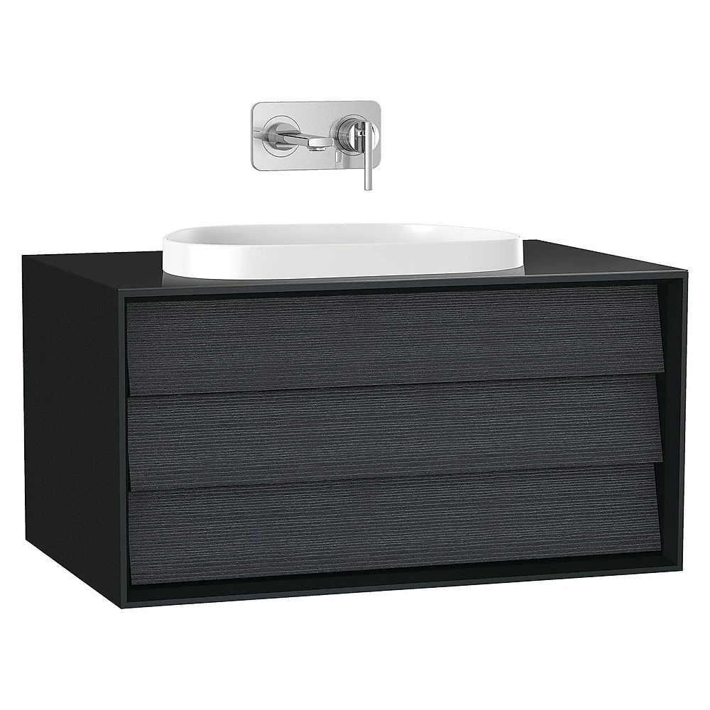Vitra Frame 80 Cm Mat Soft Siyah & Hareli Siyah Meşe Tek Çekmeceli Tezgahüstü Lavabolu Armatür Deliksiz Lavabo Dolabı