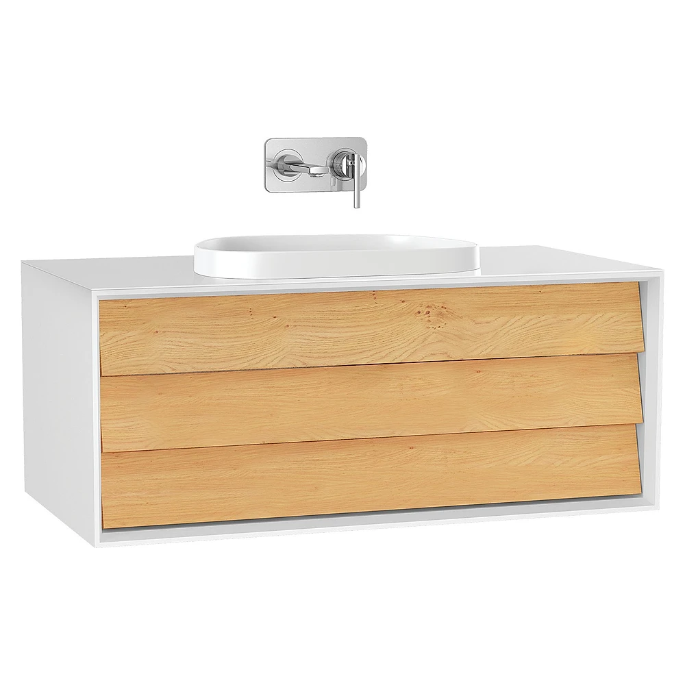 Vitra Frame 100 Cm Mat Soft Beyaz & Dore Meşe Tek Çekmeceli Tezgahüstü Lavabolu Armatür Deliksiz Lavabo Dolabı