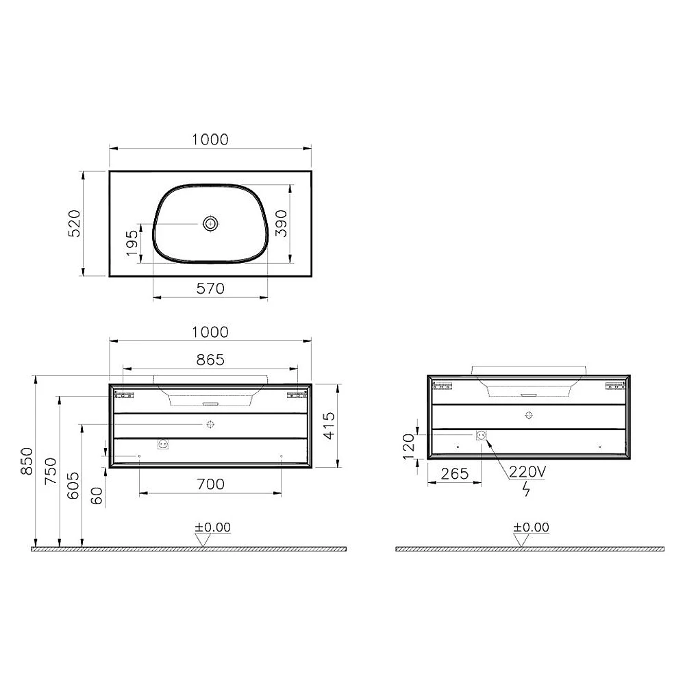 Vitra Frame 100 Cm Mat Soft Siyah & Hareli Siyah Meşe Tek Çekmeceli Tezgahüstü Lavabolu Armatür Deliksiz Lavabo Dolabı 2