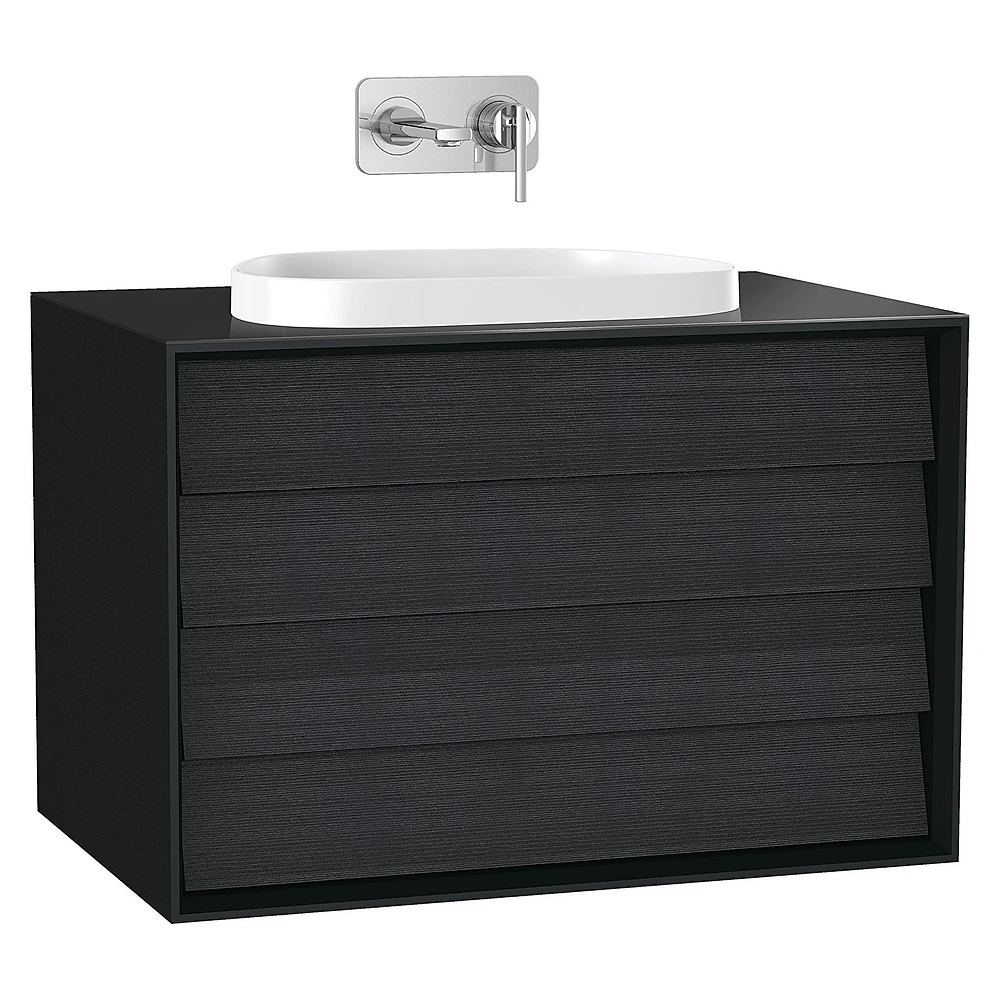 Vitra Frame 80 Cm Mat Soft Siyah & Hareli Siyah Meşe İki Çekmeceli Tezgahüstü Lavabolu Armatür Deliksiz Lavabo Dolabı