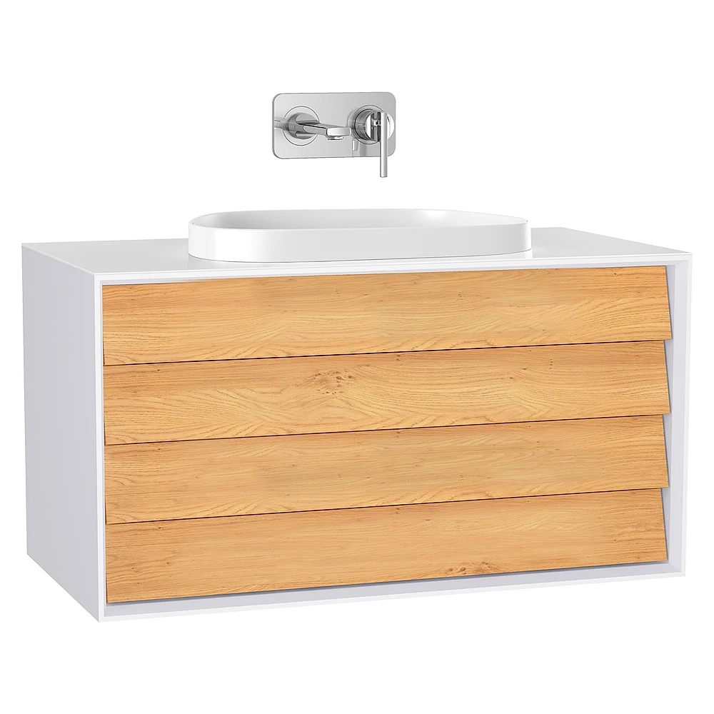 Vitra Frame 100 Cm Mat Soft Beyaz & Dore Meşe İki Çekmeceli Tezgahüstü Lavabolu Armatür Deliksiz Lavabo Dolabı