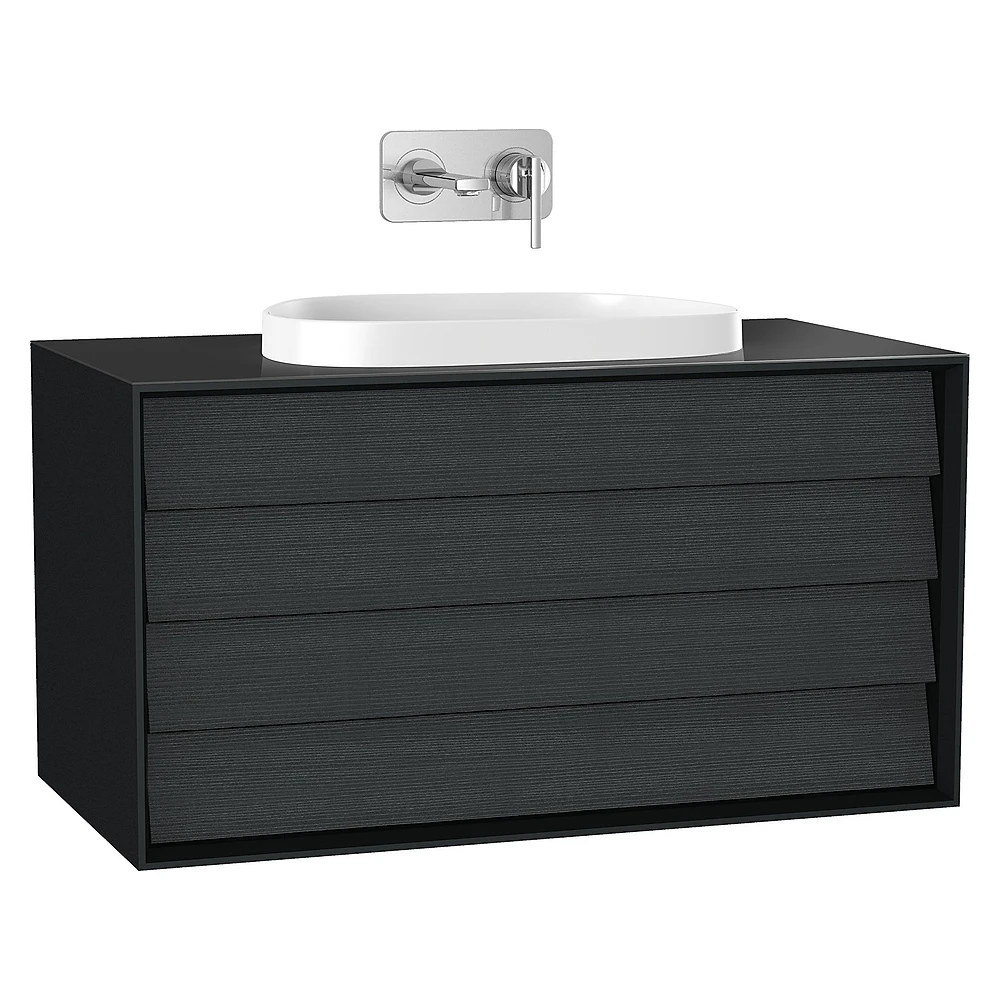 Vitra Frame 100 Cm Mat Soft Siyah & Hareli Siyah Meşe İki Çekmeceli Tezgahüstü Lavabolu Armatür Deliksiz Lavabo Dolabı