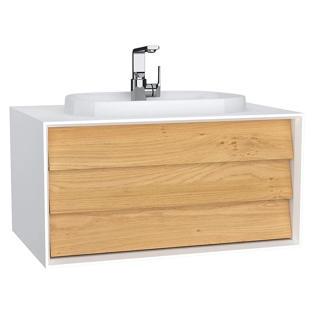 Vitra Frame 80 Cm Mat Soft Beyaz & Dore Meşe Tek Çekmeceli Tezgahüstü Lavabolu Armatür Delikli Lavabo Dolabı