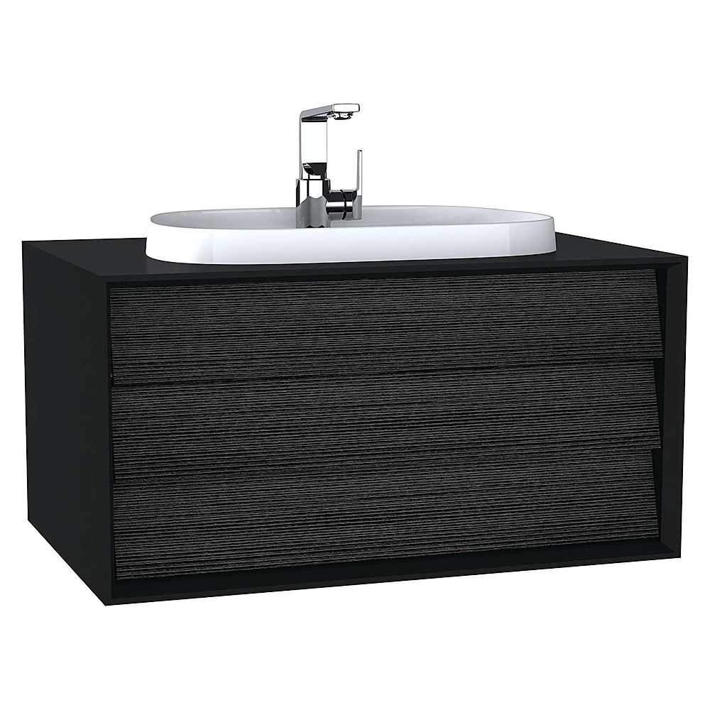Vitra Frame 80 Cm Mat Soft Siyah & Hareli Siyah Meşe Tek Çekmeceli Tezgahüstü Lavabolu Armatür Delikli Lavabo Dolabı
