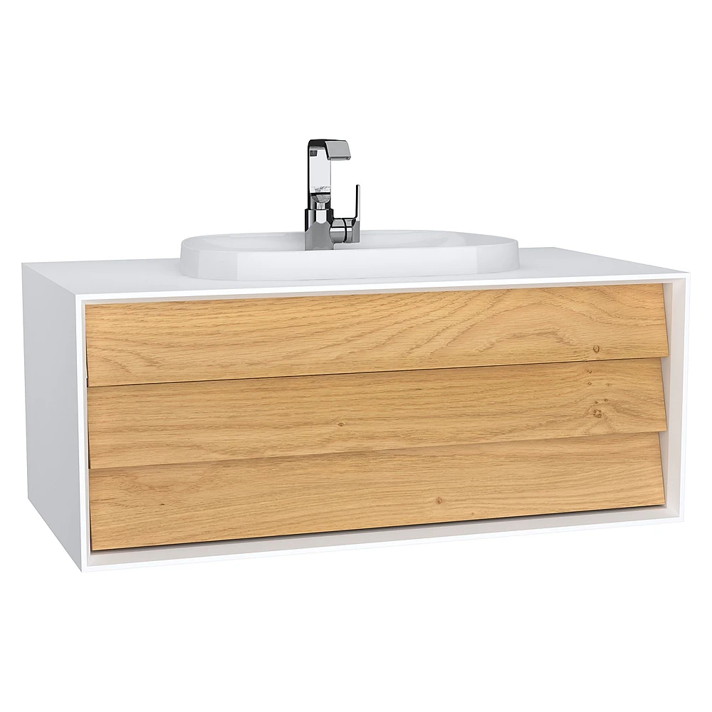 Vitra Frame 100 Cm Mat Soft Beyaz & Dore Meşe Tek Çekmeceli Tezgahüstü Lavabolu Armatür Delikli Lavabo Dolabı