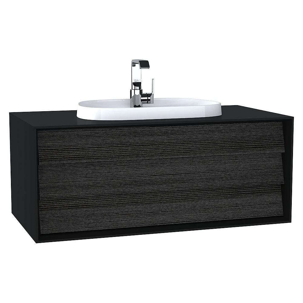 Vitra Frame 100 Cm Mat Soft Siyah & Hareli Siyah Meşe Tek Çekmeceli Tezgahüstü Lavabolu Armatür Delikli Lavabo Dolabı