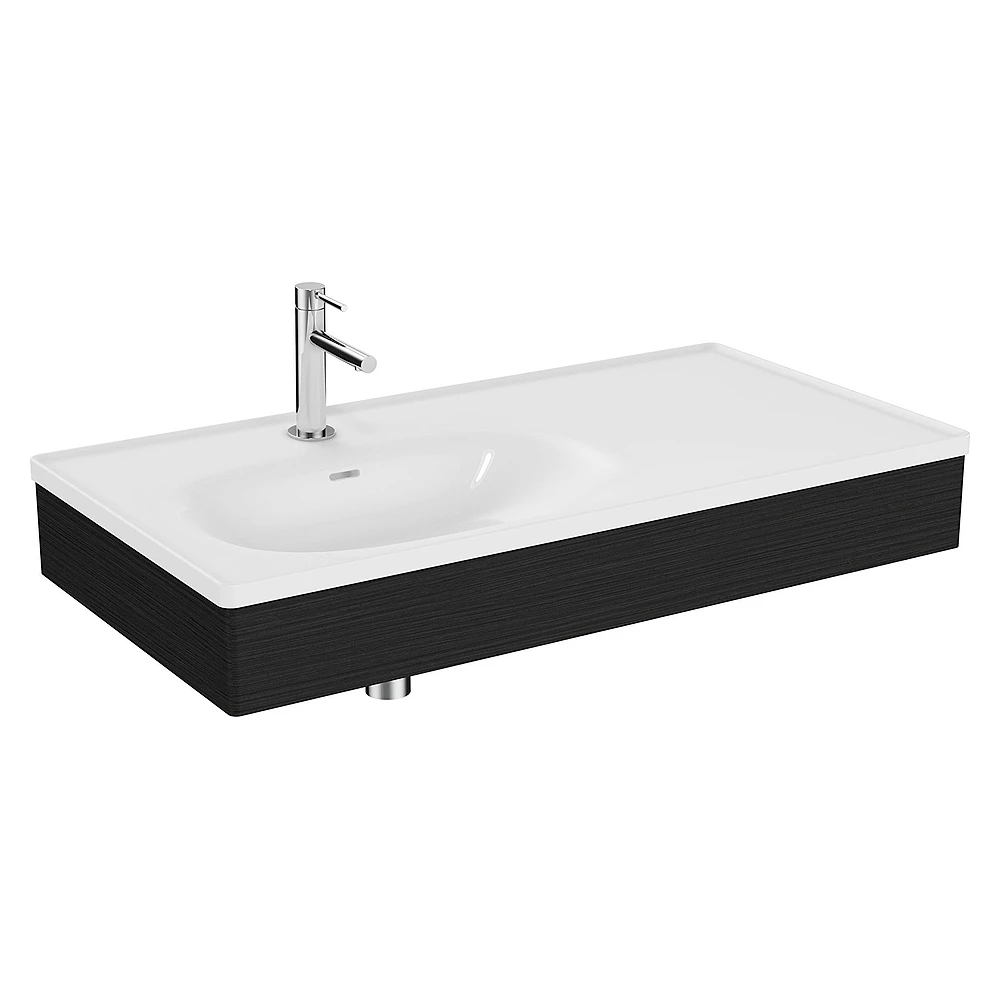 Vitra Equal 100 Cm Hareli Siyah Meşe Asimetrik Beyaz Lavabolu Lavabo Ünitesi