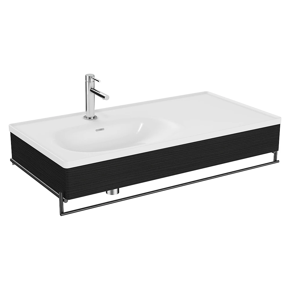 Vitra Equal 100 Cm Hareli Siyah Meşe Asimetrik Beyaz Lavabolu Havluluklu Lavabo Ünitesi