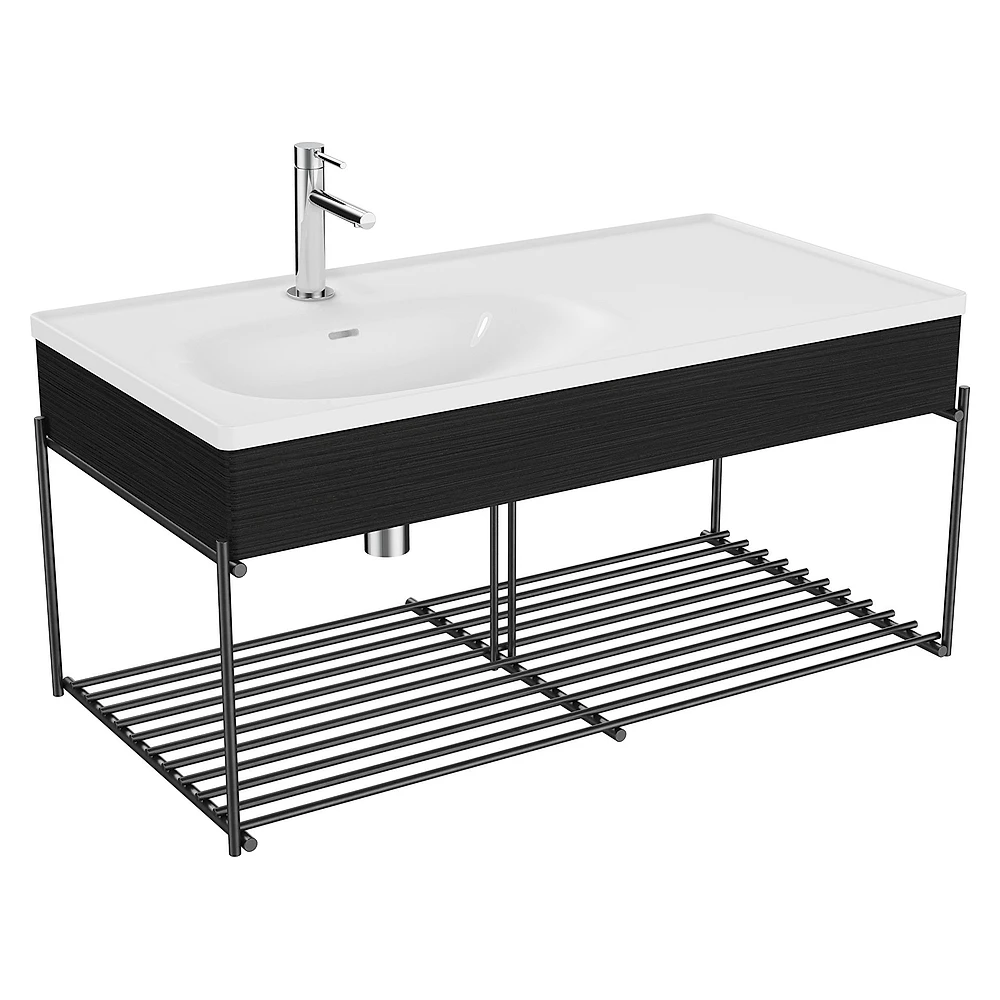 Vitra Equal 100 Cm Hareli Siyah Meşe Asimetrik Beyaz Lavabolu Raflı Lavabo Ünitesi