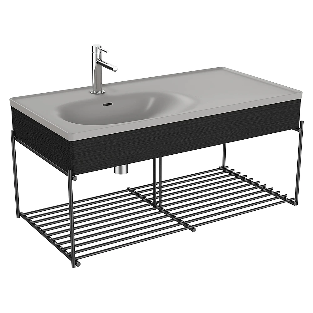 Vitra Equal 100 Cm Hareli Siyah Meşe Asimetrik Gri Lavabolu Raflı Lavabo Ünitesi