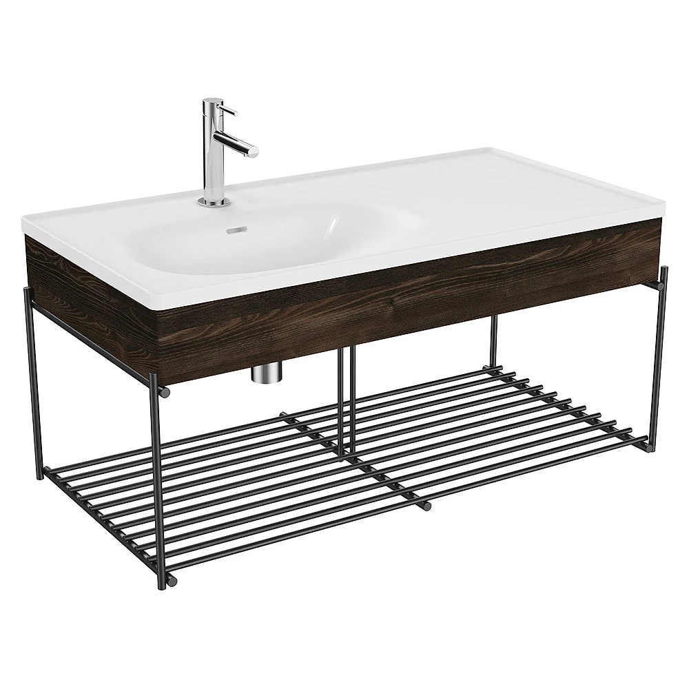 Vitra Equal 100 Cm Karaağaç Asimetrik Beyaz Lavabolu Raflı Lavabo Ünitesi