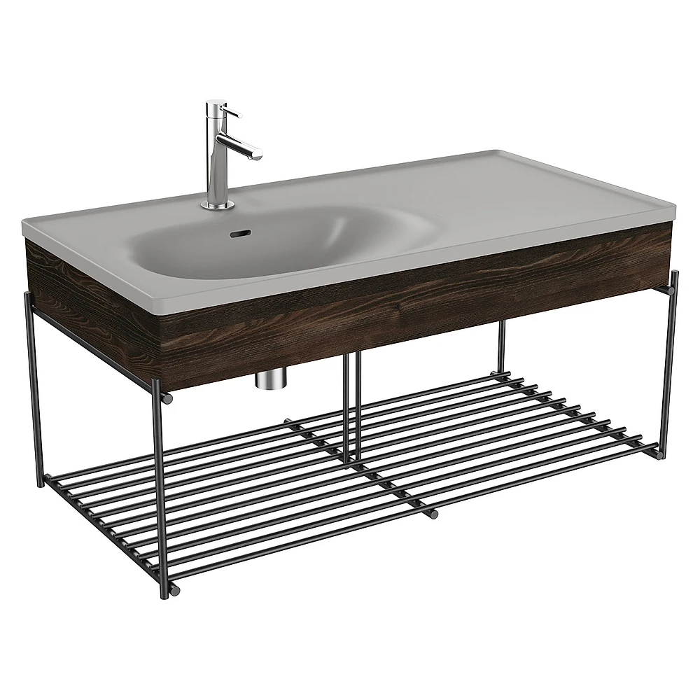 Vitra Equal 100 Cm Karaağaç Asimetrik Gri Lavabolu Raflı Lavabo Ünitesi