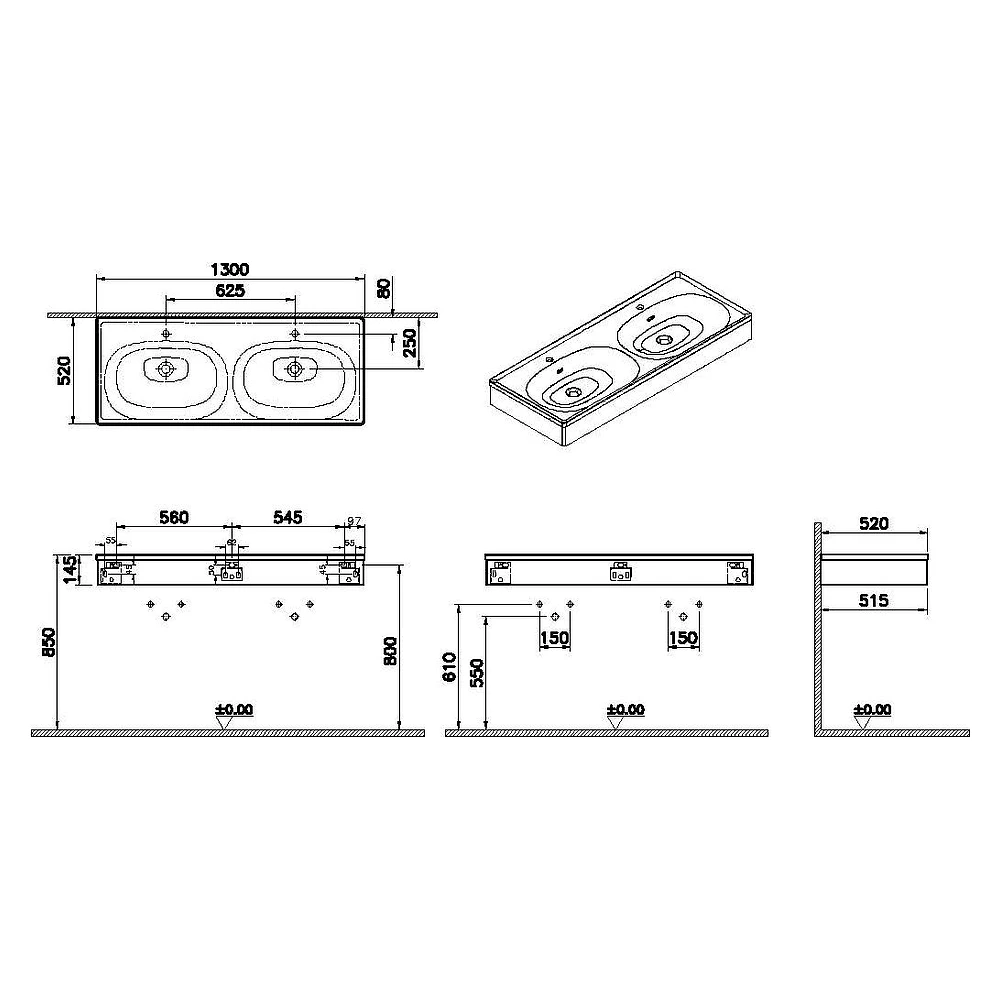 Vitra Equal 130 Cm Karaağaç Çift Hazneli Gri Lavabolu Lavabo Ünitesi 2