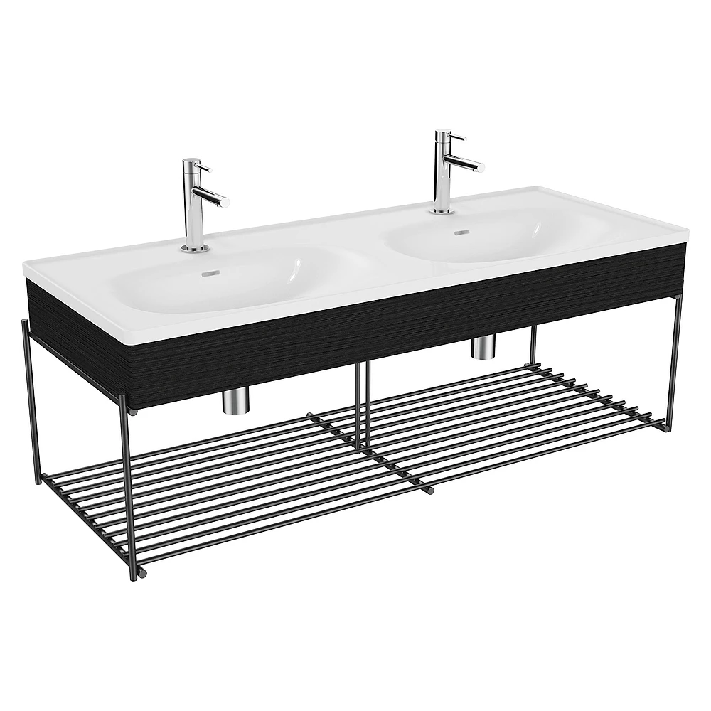 Vitra Equal 130 Cm Hareli Siyah Meşe Çift Hazneli Beyaz Lavabolu Raflı Lavabo Ünitesi