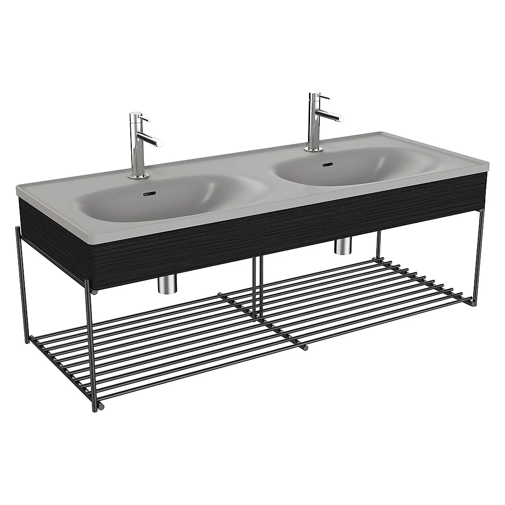 Vitra Equal 130 Cm Hareli Siyah Meşe Çift Hazneli Gri Lavabolu Raflı Lavabo Ünitesi