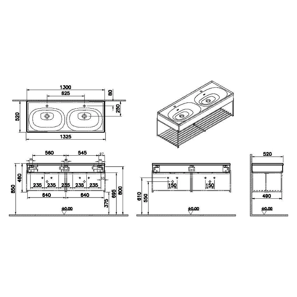 Vitra Equal 130 Cm Hareli Siyah Meşe Çift Hazneli Gri Lavabolu Raflı Lavabo Ünitesi 2