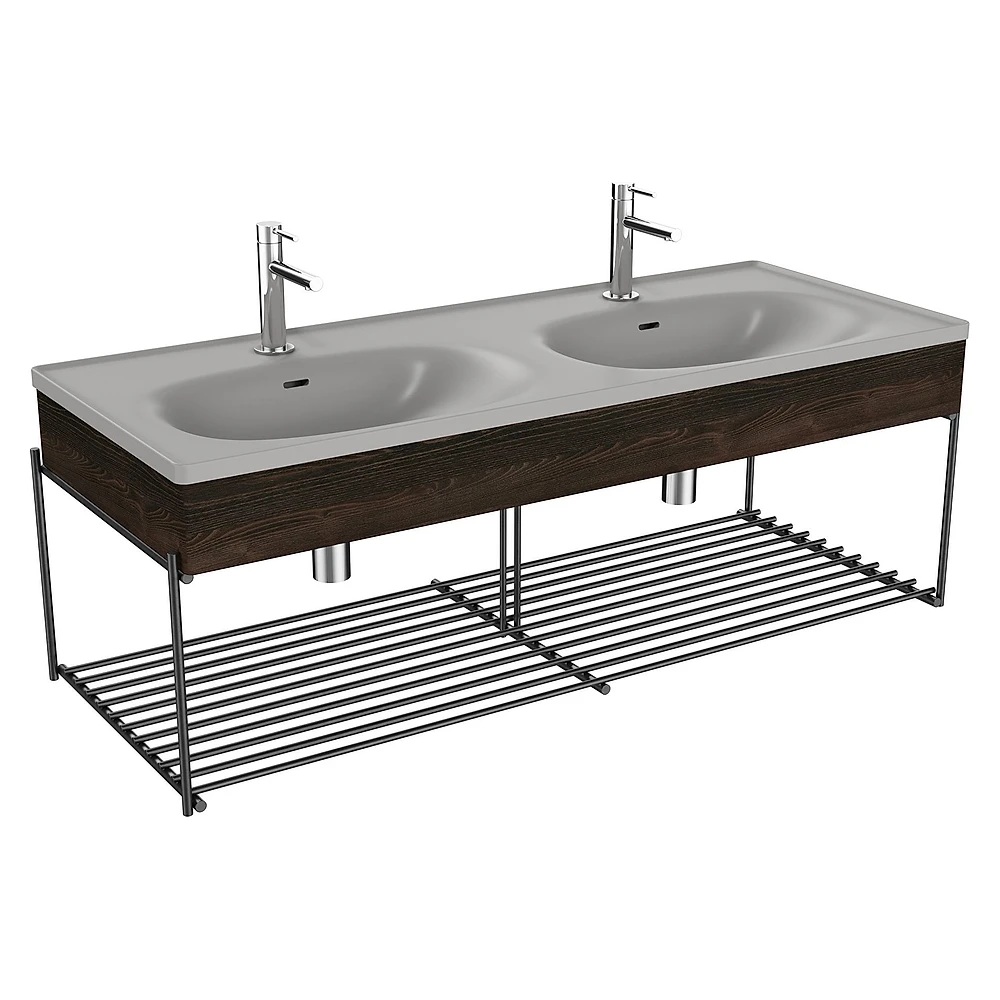 Vitra Equal 130 Cm Karaağaç Çift Hazneli Gri Lavabolu Raflı Lavabo Ünitesi