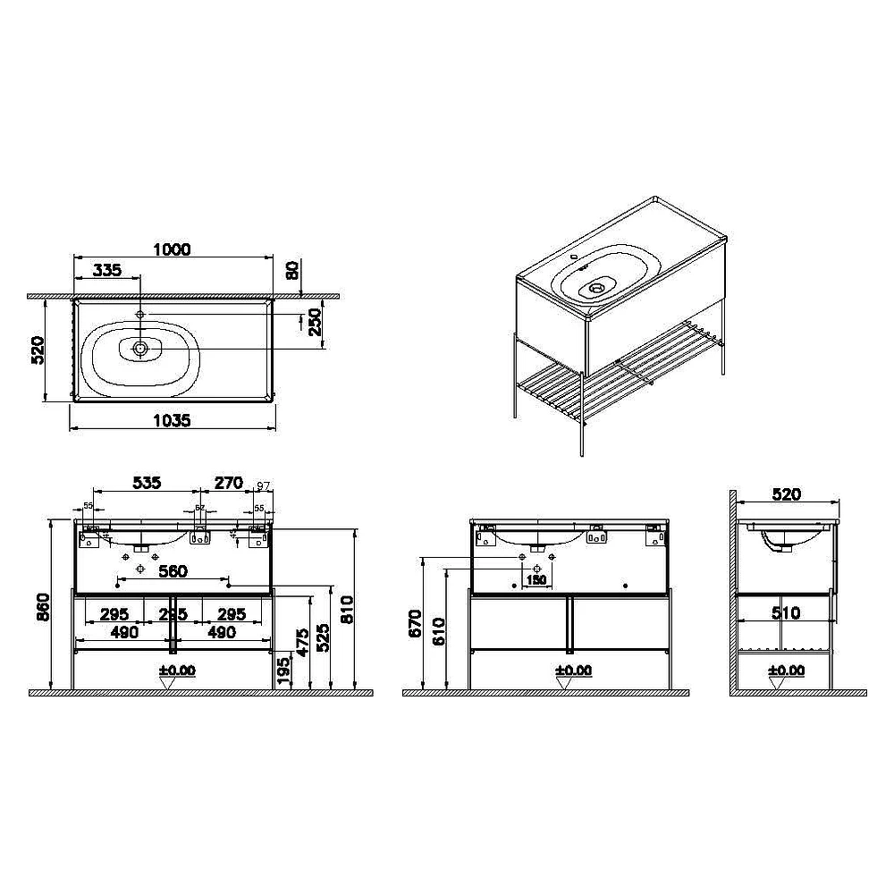 Vitra Equal 100 Cm Karaağaç Tek Çekmeceli Asimetrik Beyaz Lavabolu Metal Ayaklı Lavabo Dolabı 2