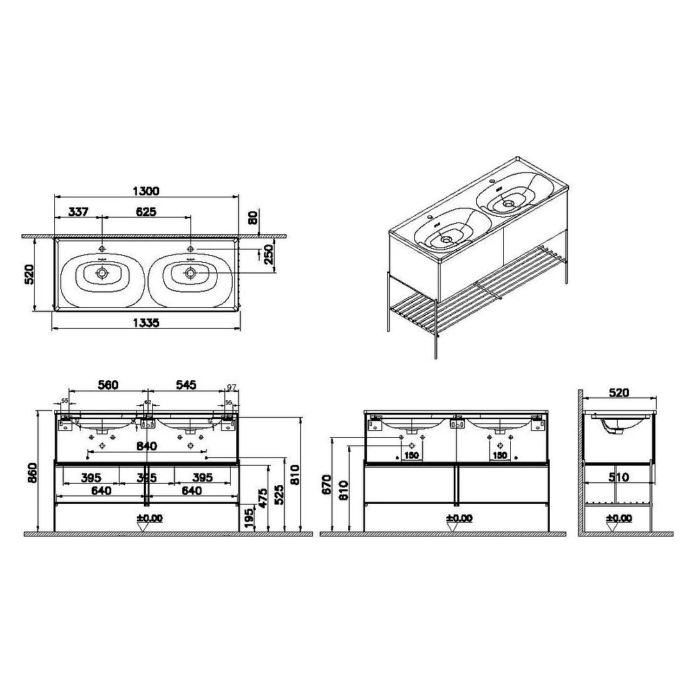 Vitra Equal 130 Cm Hareli Siyah Meşe İki Çekmeceli Çift Hazneli Beyaz Lavabolu Metal Ayaklı Lavabo Dolabı 2
