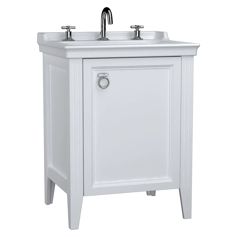 Vitra Valarte 65 Cm Mat Beyaz Tek Kapaklı Etajerli Lavabolu Üç Armatür Delikli Sol Lavabo Dolabı