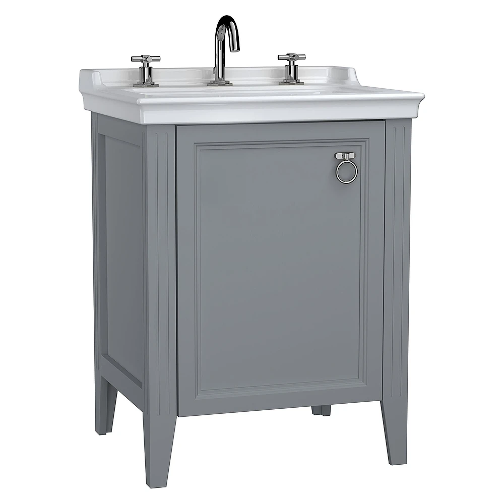 Vitra Valarte 65 Cm Mat Gri Tek Kapaklı Etajerli Lavabolu Üç Armatür Delikli Sol Lavabo Dolabı