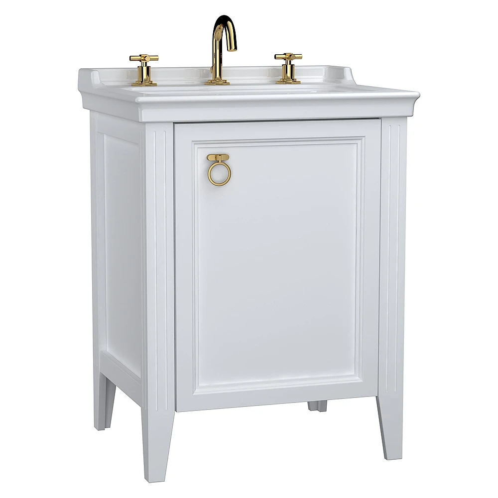 Vitra Valarte 65 Cm Mat Beyaz Tek Kapaklı Etajerli Lavabolu Üç Armatür Delikli Sağ Lavabo Dolabı