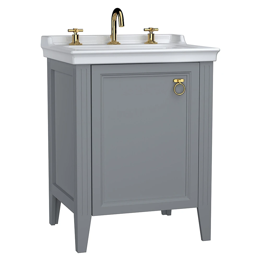 Vitra Valarte 65 Cm Mat Gri Tek Kapaklı Etajerli Lavabolu Üç Armatür Delikli Sağ Lavabo Dolabı