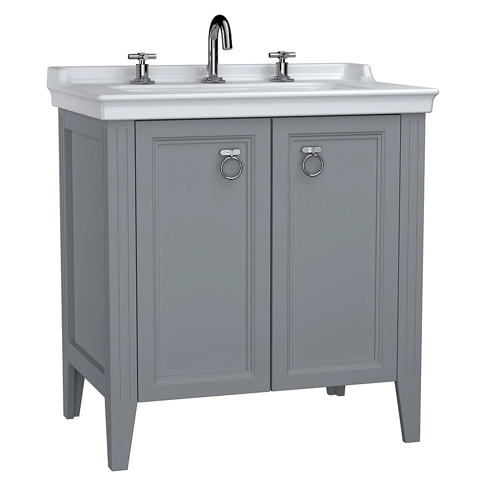 Vitra Valarte 80 Cm Mat Gri İki Kapaklı Etajerli Lavabolu Üç Armatür Delikli Lavabo Dolabı