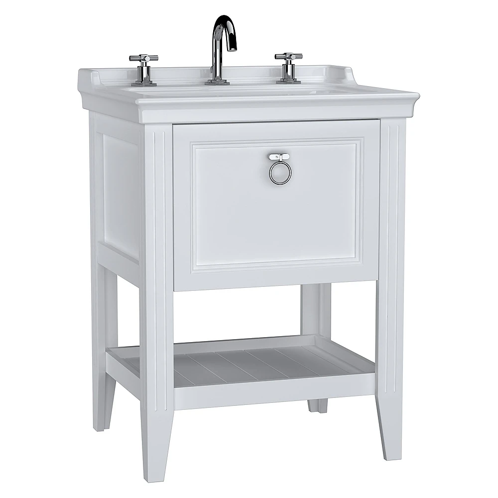 Vitra Valarte 65 Cm Mat Beyaz Tek Çekmeceli Etajerli Lavabolu Üç Armatür Delikli Lavabo Dolabı