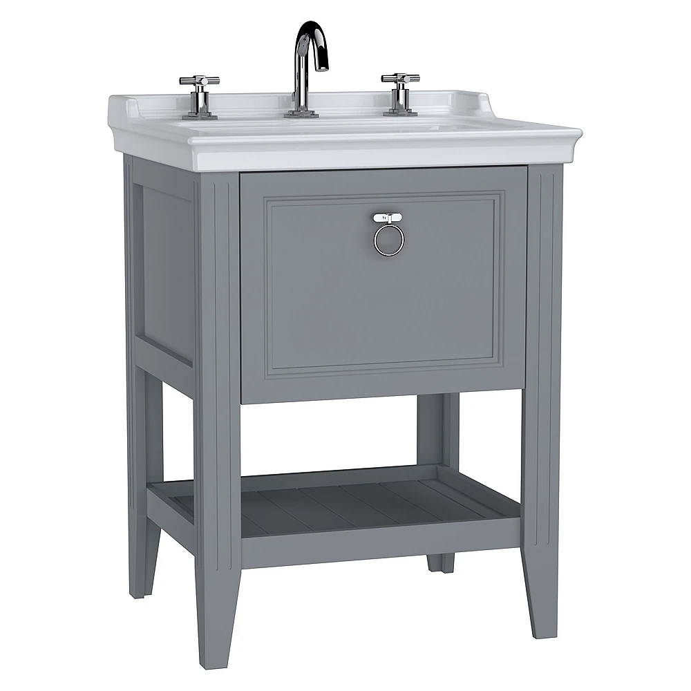 Vitra Valarte 65 Cm Mat Gri Tek Çekmeceli Etajerli Lavabolu Üç Armatür Delikli Lavabo Dolabı