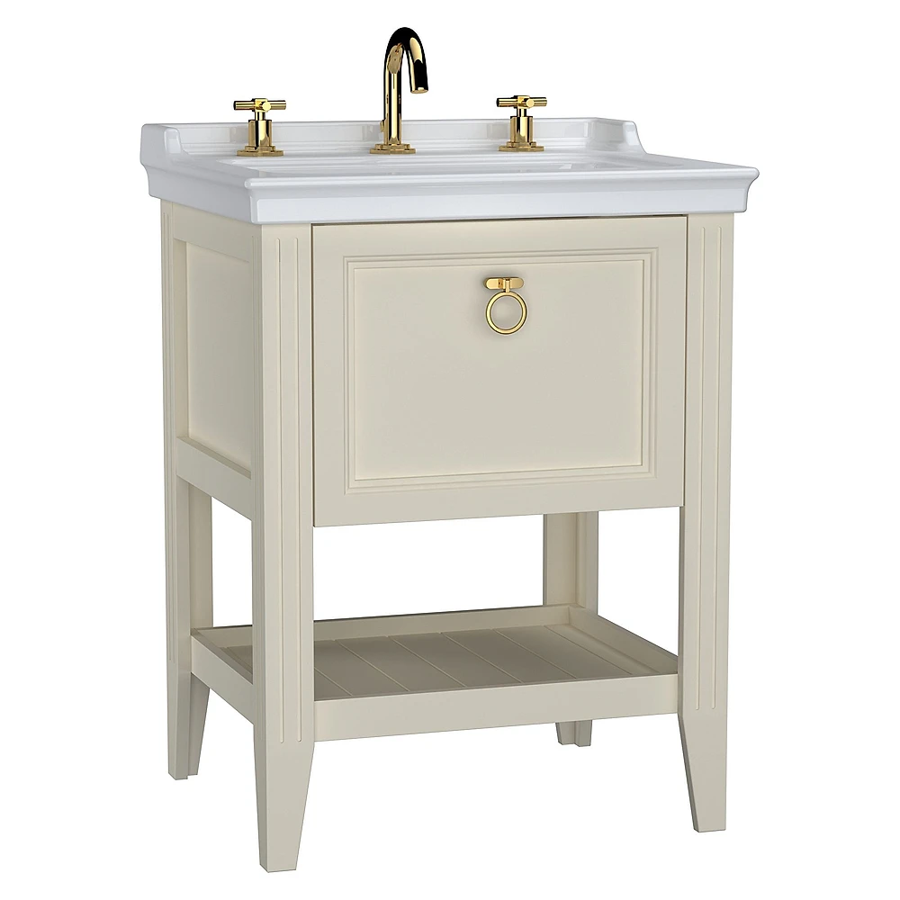 Vitra Valarte 65 Cm Mat Fildişi Tek Çekmeceli Etajerli Lavabolu Üç Armatür Delikli Lavabo Dolabı