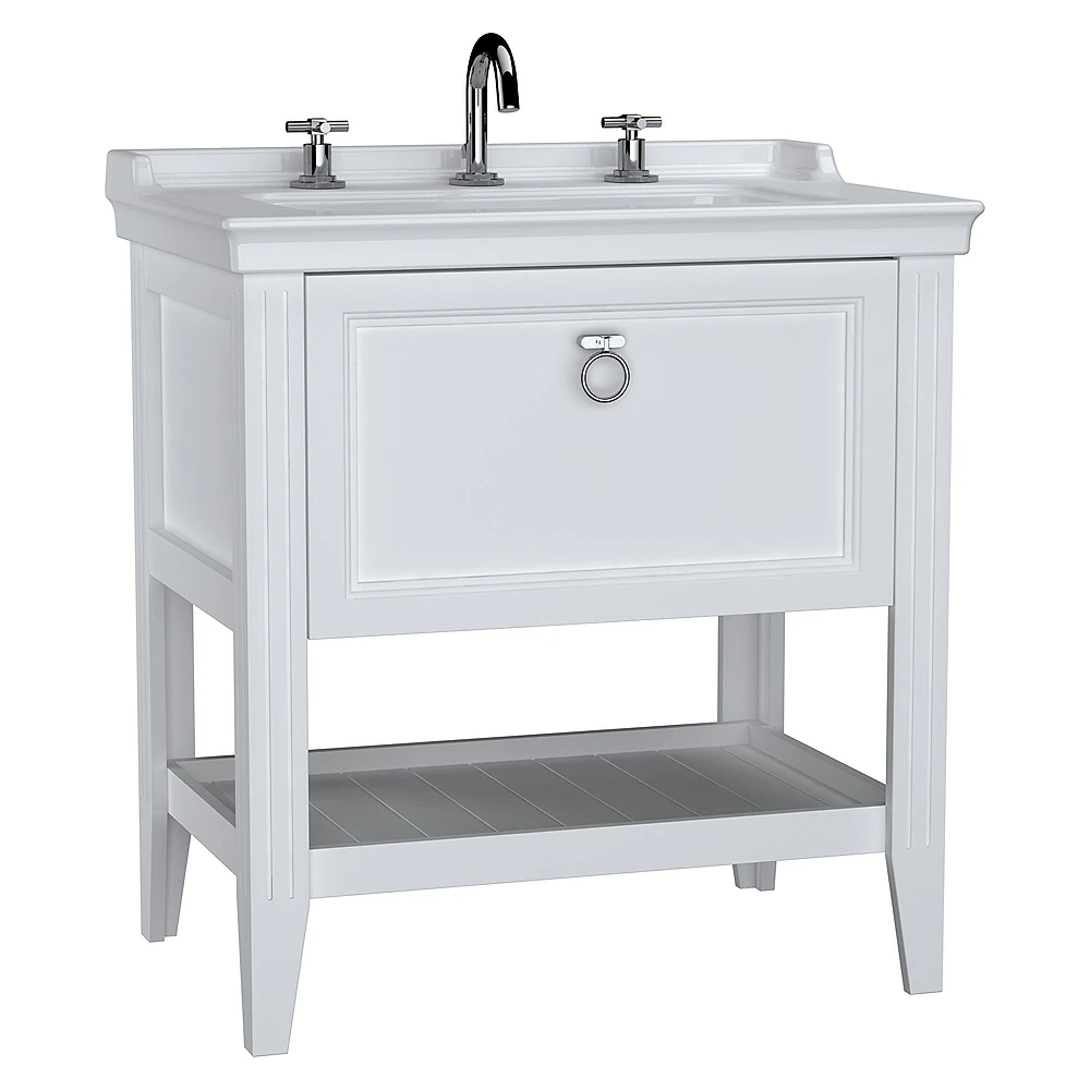 Vitra Valarte 80 Cm Mat Beyaz Tek Çekmeceli Etajerli Lavabolu Üç Armatür Delikli Lavabo Dolabı