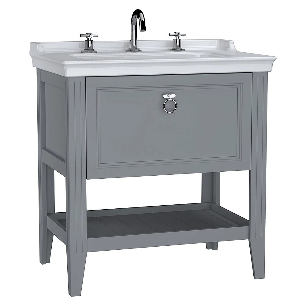 Vitra Valarte 80 Cm Mat Gri Tek Çekmeceli Etajerli Lavabolu Üç Armatür Delikli Lavabo Dolabı