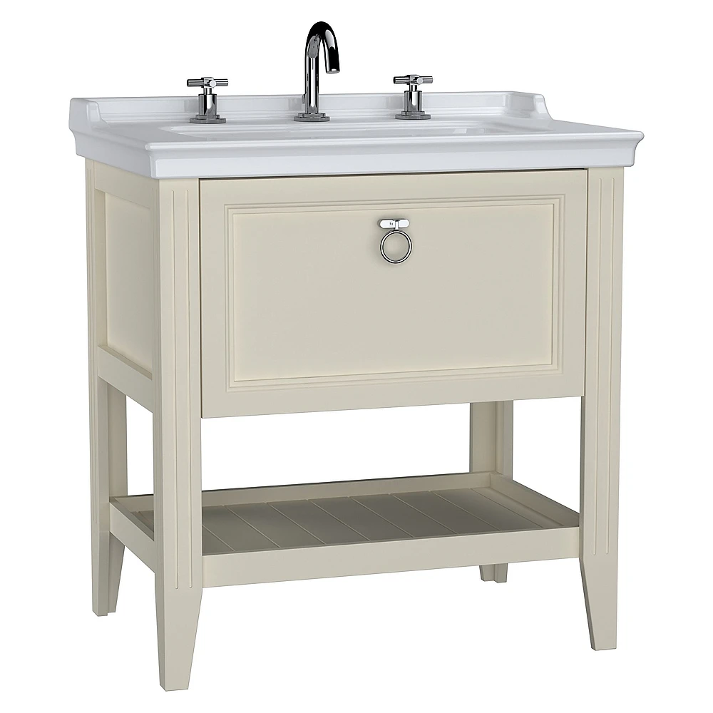Vitra Valarte 80 Cm Mat Fildişi Tek Çekmeceli Etajerli Lavabolu Üç Armatür Delikli Lavabo Dolabı