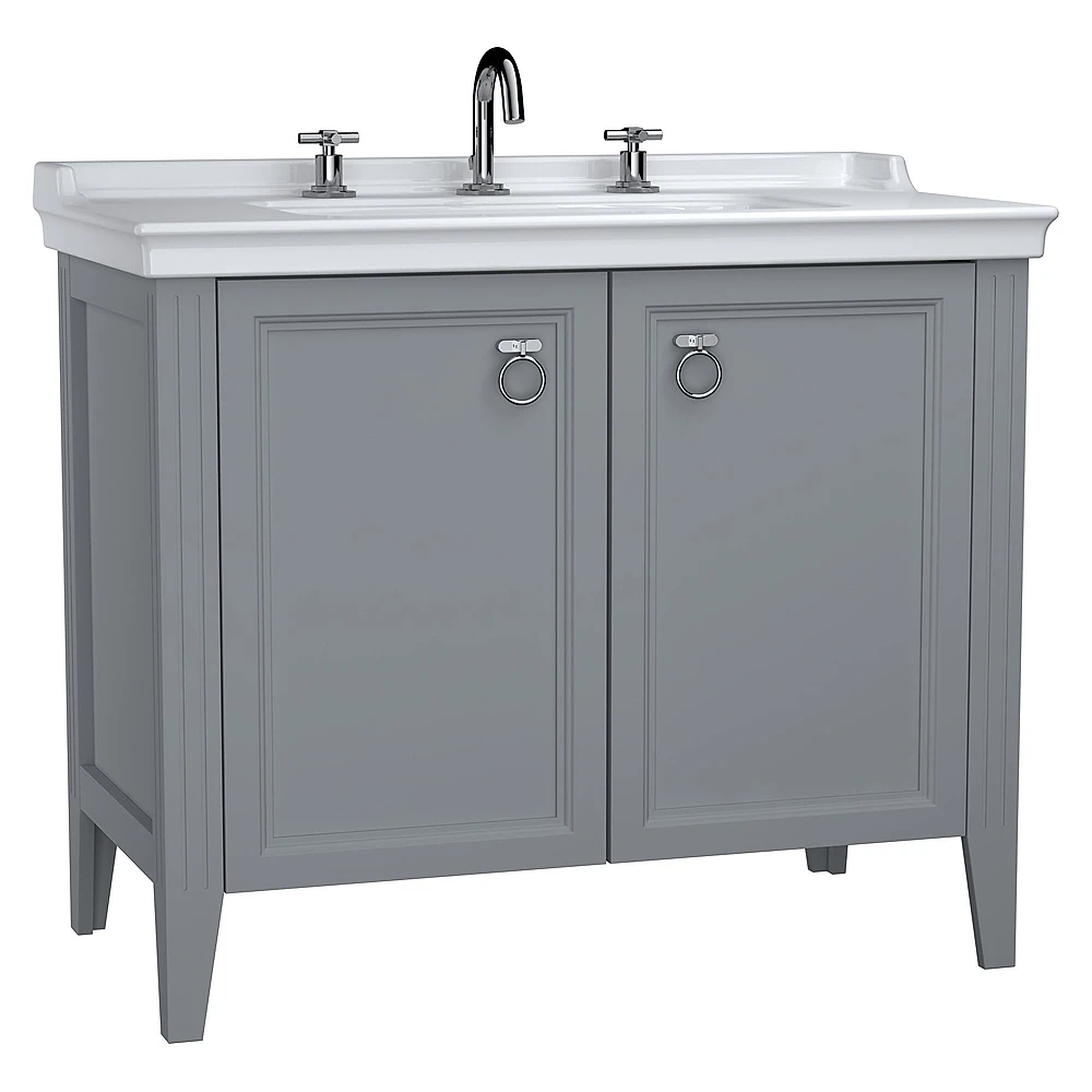 Vitra Valarte 100 Cm Mat Gri İki Kapaklı Etajerli Lavabolu Üç Armatür Delikli Lavabo Dolabı