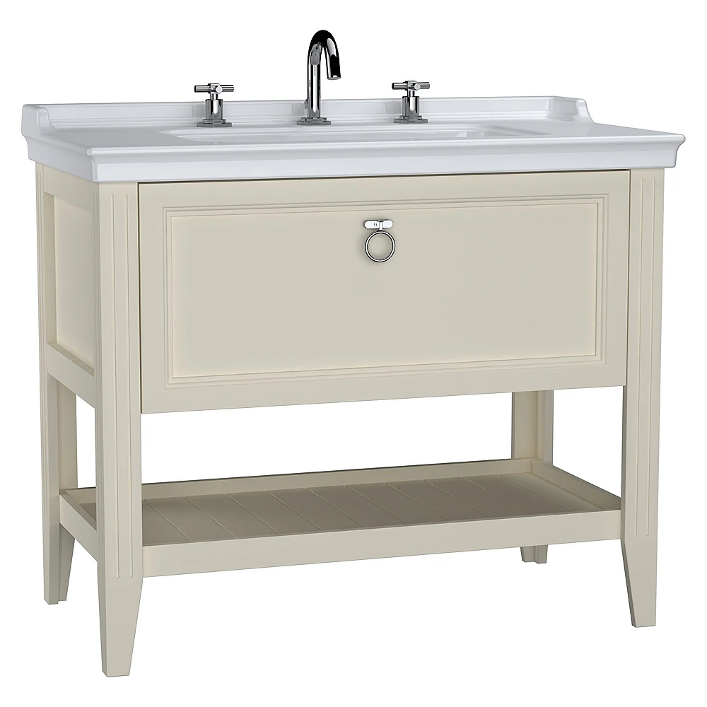 Vitra Valarte 100 Cm Mat Fildişi Tek Çekmeceli Etajerli Lavabolu Üç Armatür Delikli Lavabo Dolabı