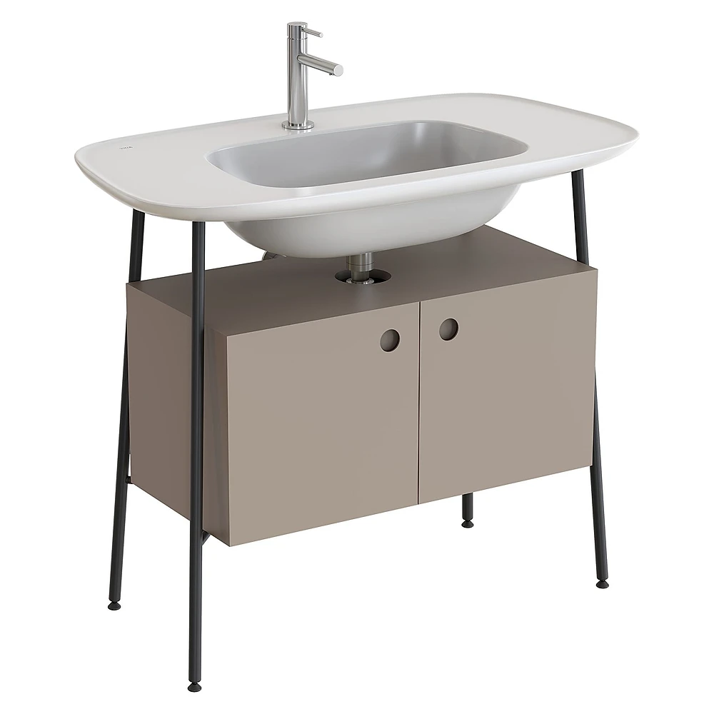 Vitra Plural 100 Cm Mat Soft Bej İki Kapaklı Parlak Beyaz Seramik Lavabolu Tek Armatür Delikli Lavabo Dolabı