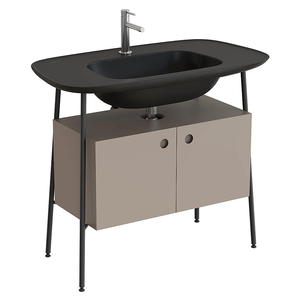 Vitra Plural 100 Cm Mat Soft Bej İki Kapaklı Mat Siyah Seramik Lavabolu Tek Armatür Delikli Lavabo Dolabı